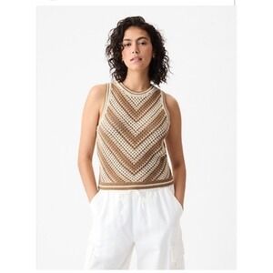 GAP Crochet‎ Knit Tank Top Chevron Pattern Sleeveless Brown Cream Summer Casual